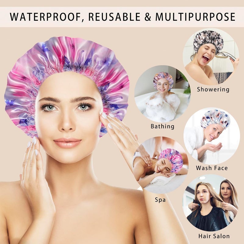 CHFONG 4 PCS Shower Caps for Women, Printing Bath Caps, Double Layers Shower Cap Reusable Waterproof, Bathing Shower Caps, Environmental Protection Hair Bath Hat - Flower C - Image 3